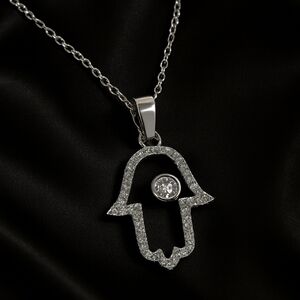 Silver Hamsa Pendant Necklace – Cubic Zirconia Sparkling Evil Eye Protection CZ